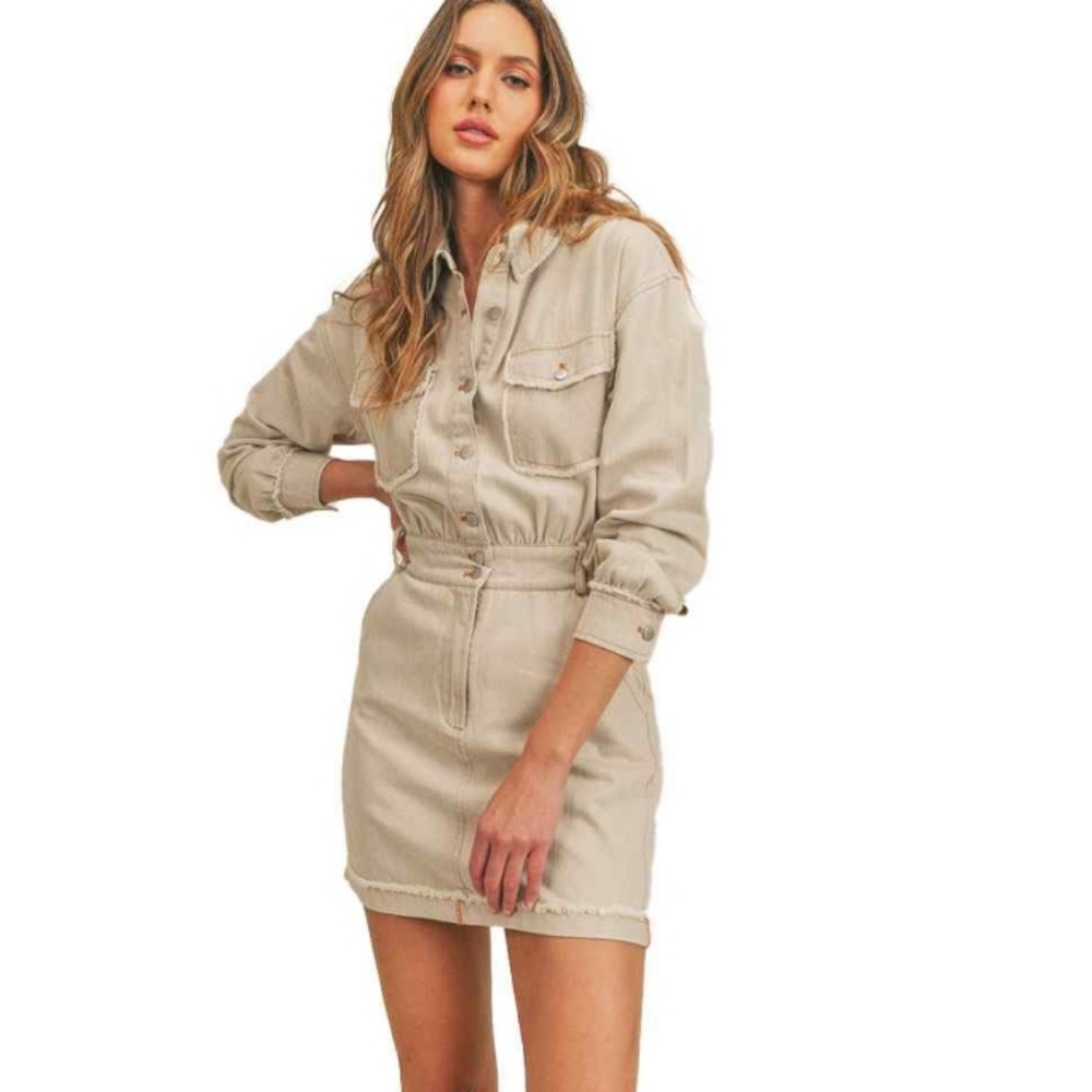 Sadie and Sage Echo's Sister Mini Dress Denim Feel Cream Freyed Hem Wrist M